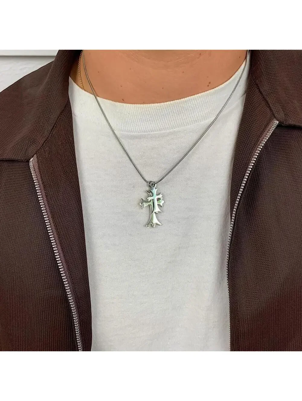 Vintage y2k style Double Gothic Cross pendant Stainless Steel Silver necklace